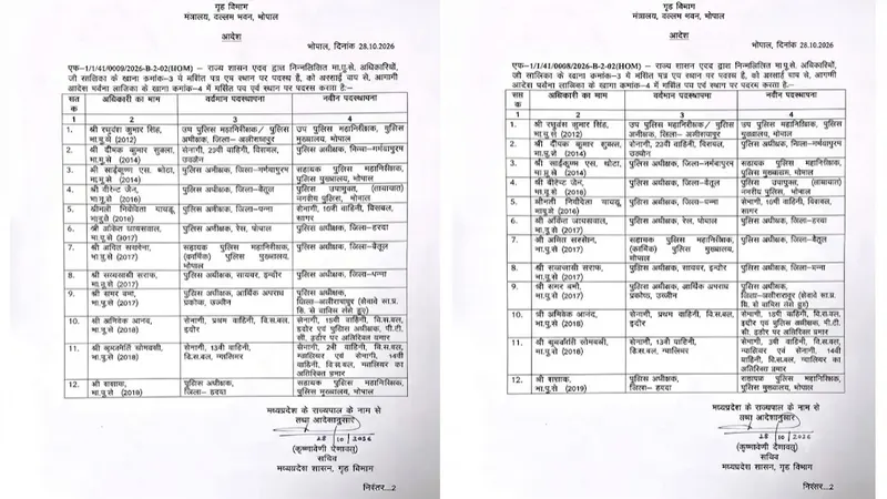 मध्य प्रदेश में 12 IPS अधिकारियों के तबादले, पन्ना और बैतूल समेत कई जिलों के SP बदले