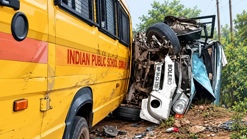 रीवा में खड्डा टोल प्लाजा के पास स्कूल बस और बोलेरो की टक्कर: 9 लोग घायल, एक की हालत गंभीर