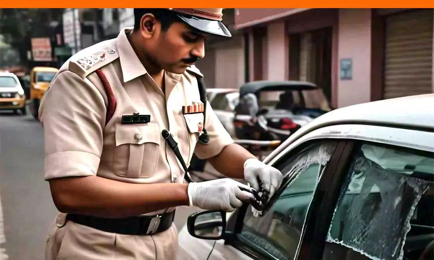 Indian traffic police in white uniform removing black film from car windows