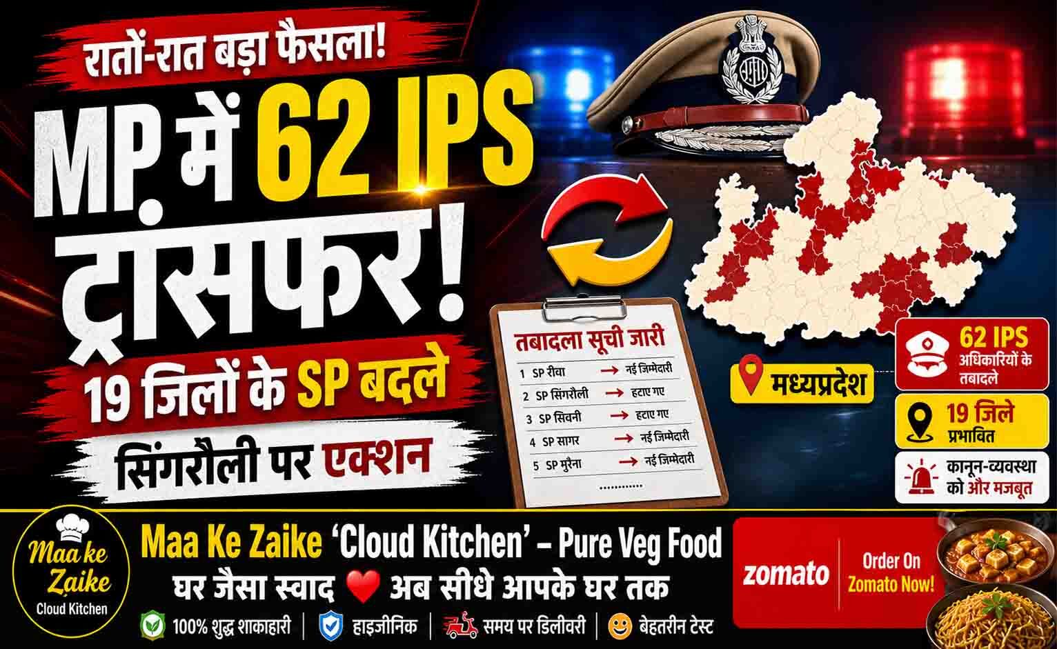 रातों-रात MP में 62 IPS अधिकारियों के तबादले: 19 जिलों के SP बदले, बैंक डकैती के बाद सिंगरौली पुलिस कप्तान का भी ट्रांसफर; देखें लिस्ट..